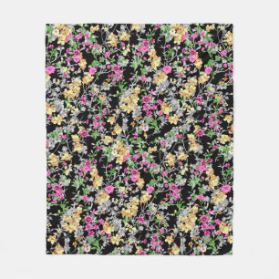 Couverture Polaire aquarelle motif floral transparent fond noir