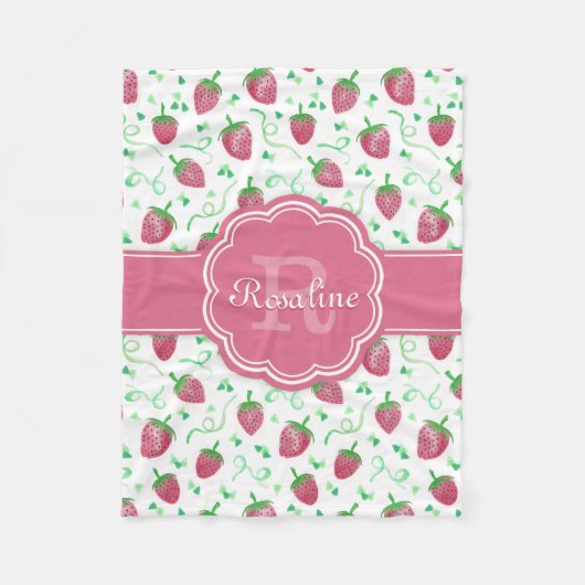 Couverture Polaire Aquarelle Motif fraise avec Monogramme (Devant)