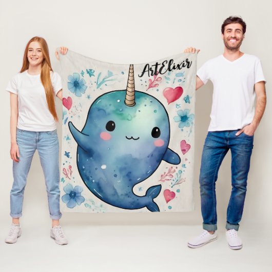 Couverture Polaire Aquarelle Narwhal Heart Floral Print (En situation)
