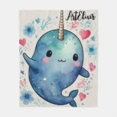 Couverture Polaire Aquarelle Narwhal Heart Floral Print (Devant)