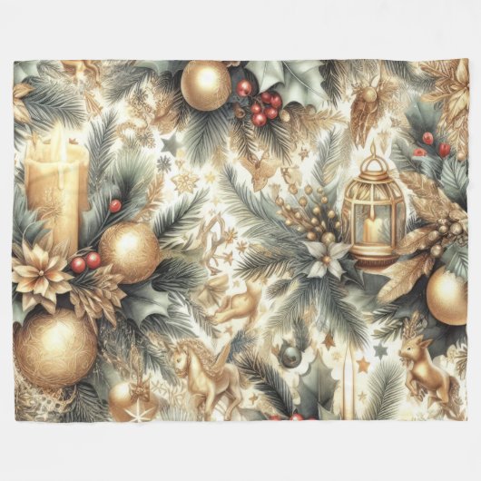 Couverture Polaire Aquarelle Noël Motif Vacances Or (Devant (Horizontal))