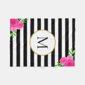 Couverture Polaire Aquarelle noire blanche rayée rose Monogramme flor (Devant (Horizontal))