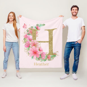 Couverture Polaire Aquarelle Or et Lettre Monogramme Floral H