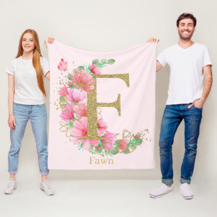 Couverture Polaire Aquarelle Or et Monogramme Floral Lettre F