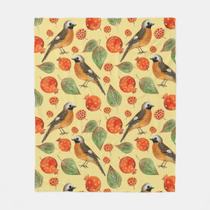 Couverture Polaire Aquarelle orange Oiseaux et Motif de grenade
