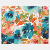 Couverture Polaire Aquarelle orange turquoise Feuilles floraux (Devant (Horizontal))