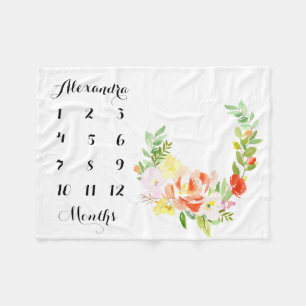 Couverture Polaire Aquarelle Peach Peonies Wreath Baby Milestone