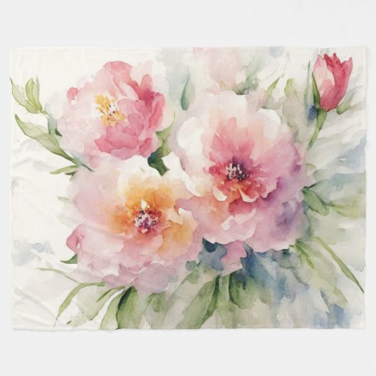 Couverture Polaire Aquarelle Peinte Fleurs Roses (Devant (Horizontal))