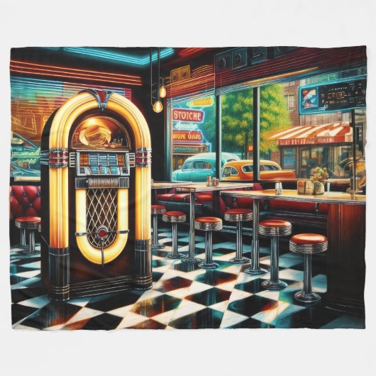 Couverture Polaire Aquarelle Peinture 1950's Diner Jukebox (Devant (Horizontal))
