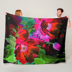 Couverture Polaire Aquarelle Peinture de fleurs rouges sur noir