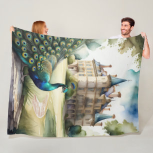 Couverture Polaire Aquarelle Peinture de Peacock et Château