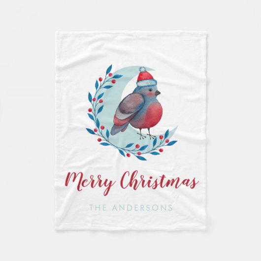 Couverture Polaire Aquarelle personnalisée Oiseau de Noël sur la lune (Devant)