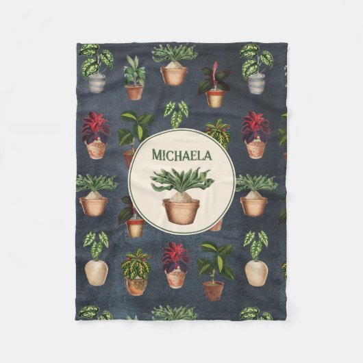 Couverture Polaire Aquarelle Pointée Plante Rustique Motif Noir Nom (Devant)