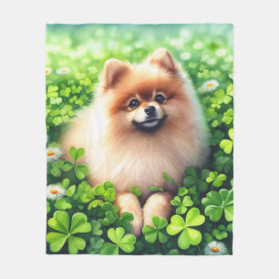 Couverture Polaire Aquarelle Pomeranian Shamrock vert
