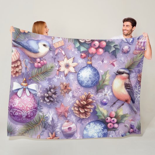Couverture Polaire Aquarelle Purple Motifs de Noël Fêtes Oiseaux (En situation)