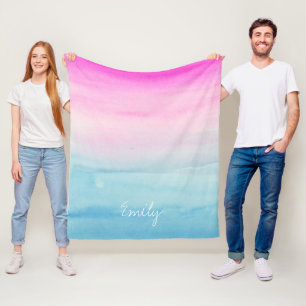 Couverture Polaire Aquarelle rose et bleu Ombre Ajoutez votre nom