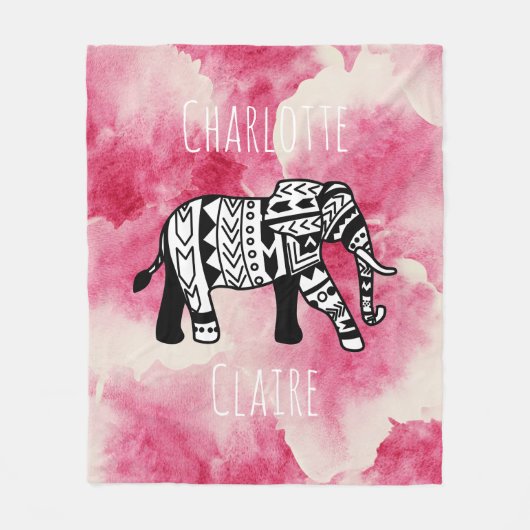 Couverture Polaire Aquarelle rose Fille Tribe noire & blanche Elephan (Devant)