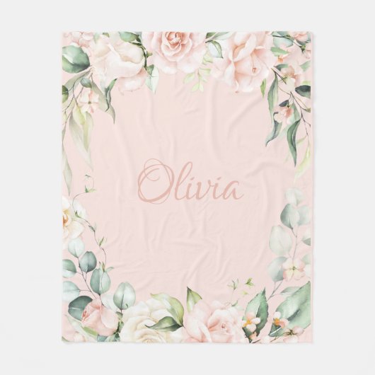Couverture Polaire Aquarelle rose Floral Nom bébé fille (Devant)