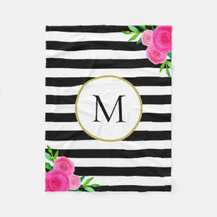 Couverture Polaire Aquarelle rose noire de couleur noire Monogramme f