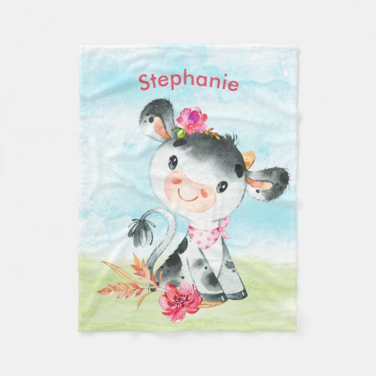 Couverture Polaire Aquarelle rose Petite vache (Devant)