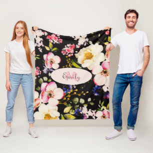 Couverture Polaire Aquarelle rose Roses jaunes sur noir, Monogramme