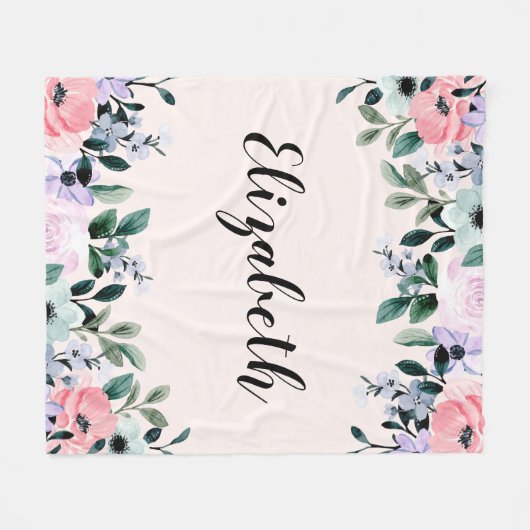 Couverture Polaire Aquarelle rose violet et verte (Devant (Horizontal))