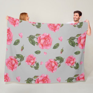 Couverture Polaire Aquarelle Roses roses Pétales et Motif Feuille