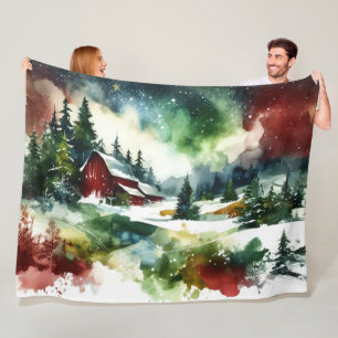 Couverture Polaire Aquarelle Rouge Grange scène hiver