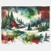Couverture Polaire Aquarelle Rouge Grange scène hiver (Devant (Horizontal))