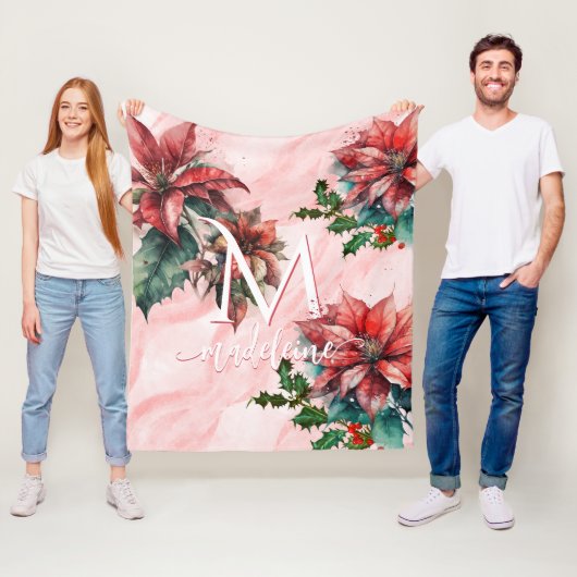 Couverture Polaire Aquarelle Rouge Poinsettia Mistletoe Nom Noël (En situation)