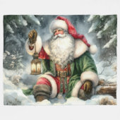 Couverture Polaire Aquarelle Santa Claus Noël Neige Forêt (Devant (Horizontal))