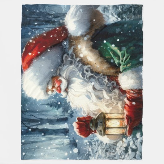 Couverture Polaire Aquarelle Santa Claus Noël Neige Forêt (Devant)