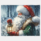 Couverture Polaire Aquarelle Santa Claus Noël Neige Forêt (Devant (Horizontal))