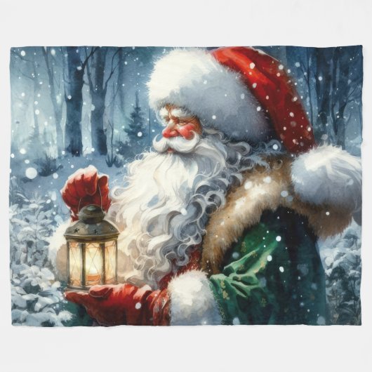 Couverture Polaire Aquarelle Santa Claus Noël Neige Forêt (Devant (Horizontal))