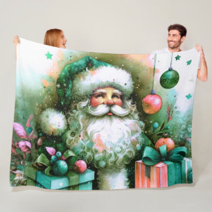 Couverture Polaire Aquarelle Santa Claus Pink Green Cadeaux