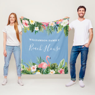 Couverture Polaire Aquarelle Tropical Floral Family Beach House Bleu
