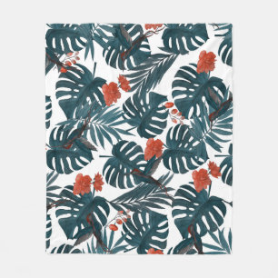 Couverture Polaire Aquarelle tropicale, feuilles, fleurs, colibris