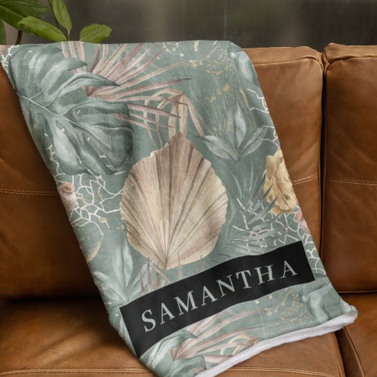 Couverture Polaire Aquarelle Tropicale Gold & Green Feuille Motif