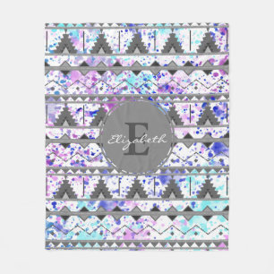 Couverture Polaire Aquarelle turquoise et violette Gris Aztec Motif p