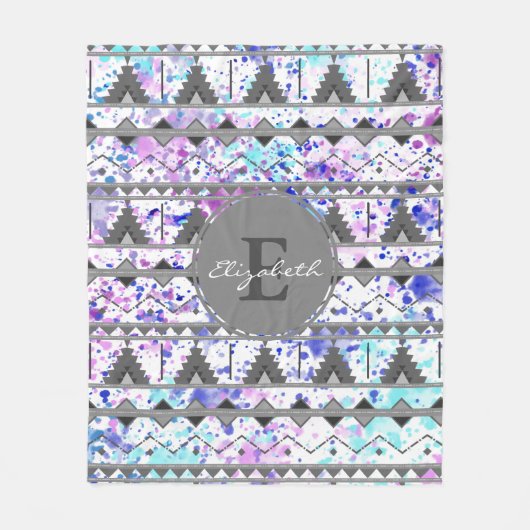 Couverture Polaire Aquarelle turquoise et violette Gris Aztec Motif p (Devant)