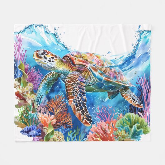 Couverture Polaire Aquarelle Vibrante Tortue marine (Devant (Horizontal))