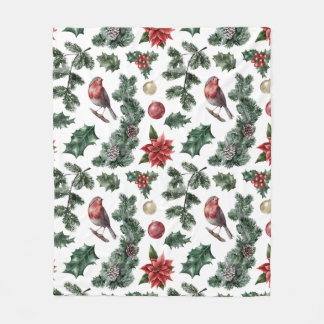 Couverture Polaire Aquarelle vintage Robin Motif de Noël