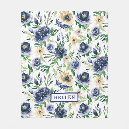 Couverture Polaire Aquarelles violet bleu & fleurs jaunes motif (Devant)