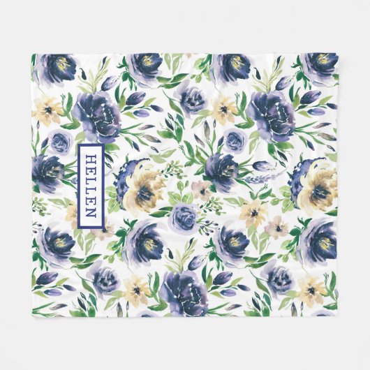 Couverture Polaire Aquarelles violet bleu & fleurs jaunes motif (Devant (Horizontal))