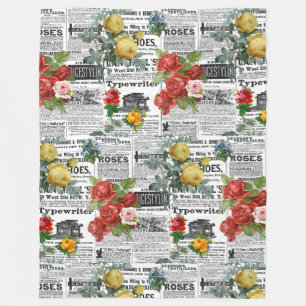 Couverture Polaire * AR23 Rose Floral Flower Newsprint Vintage