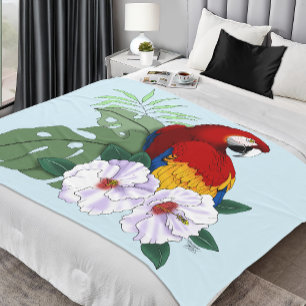 Couverture Polaire Ara Macao Rouge Perroquet Tropical Hibiscus Blanc 