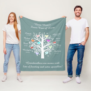 Couverture Polaire Arbre de grand-maman (coeurs), blanc/bleu, 8 noms