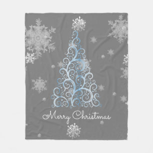 Couverture Polaire Arbre de Noël bleu et flocons de neige Blanche en