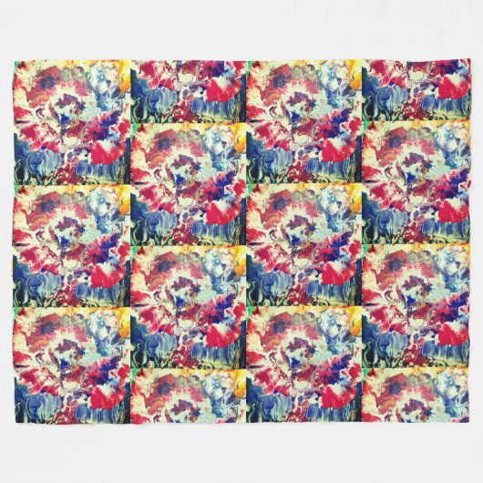 Couverture Polaire Arbre en fleurs rouge abstrait bleu jaune (Devant (Horizontal))