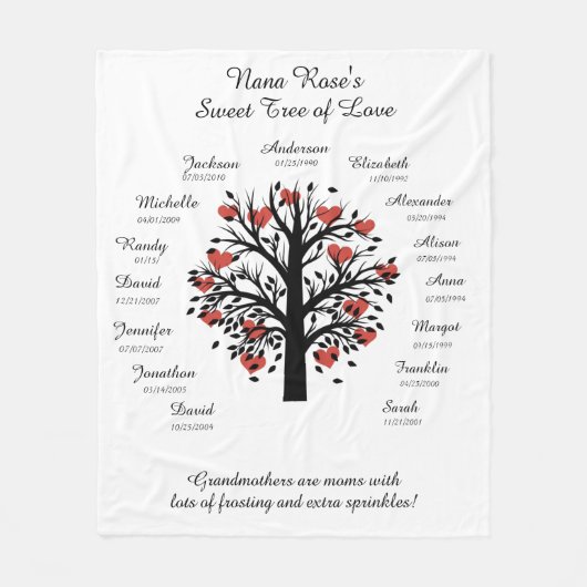 Couverture Polaire Arbre grand-mère (coeurs), noir/blanc, 15 noms/dat (Devant)